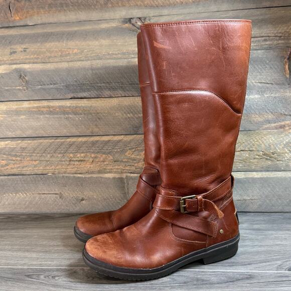 UGG Evanna Stout Tall Riding Boot Size 7.5 Zip Sherpa Fleece Lined Waterproof - Picture 1 of 16